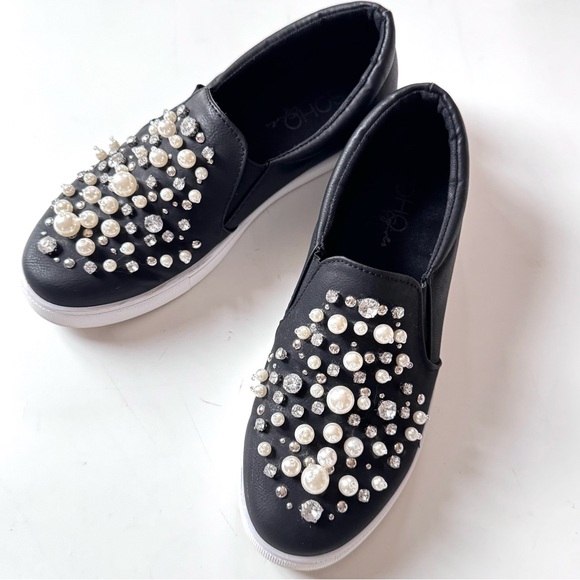 Black Faux Leather Slip On Loafers Embellished with Faux Pearls and Rhinestones - Picture 12 of 12